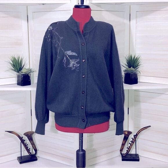 Vintage 80s 90s Gray Embroidered Knit Cardigan Floral Appliqué Medium - Picture 2 of 8